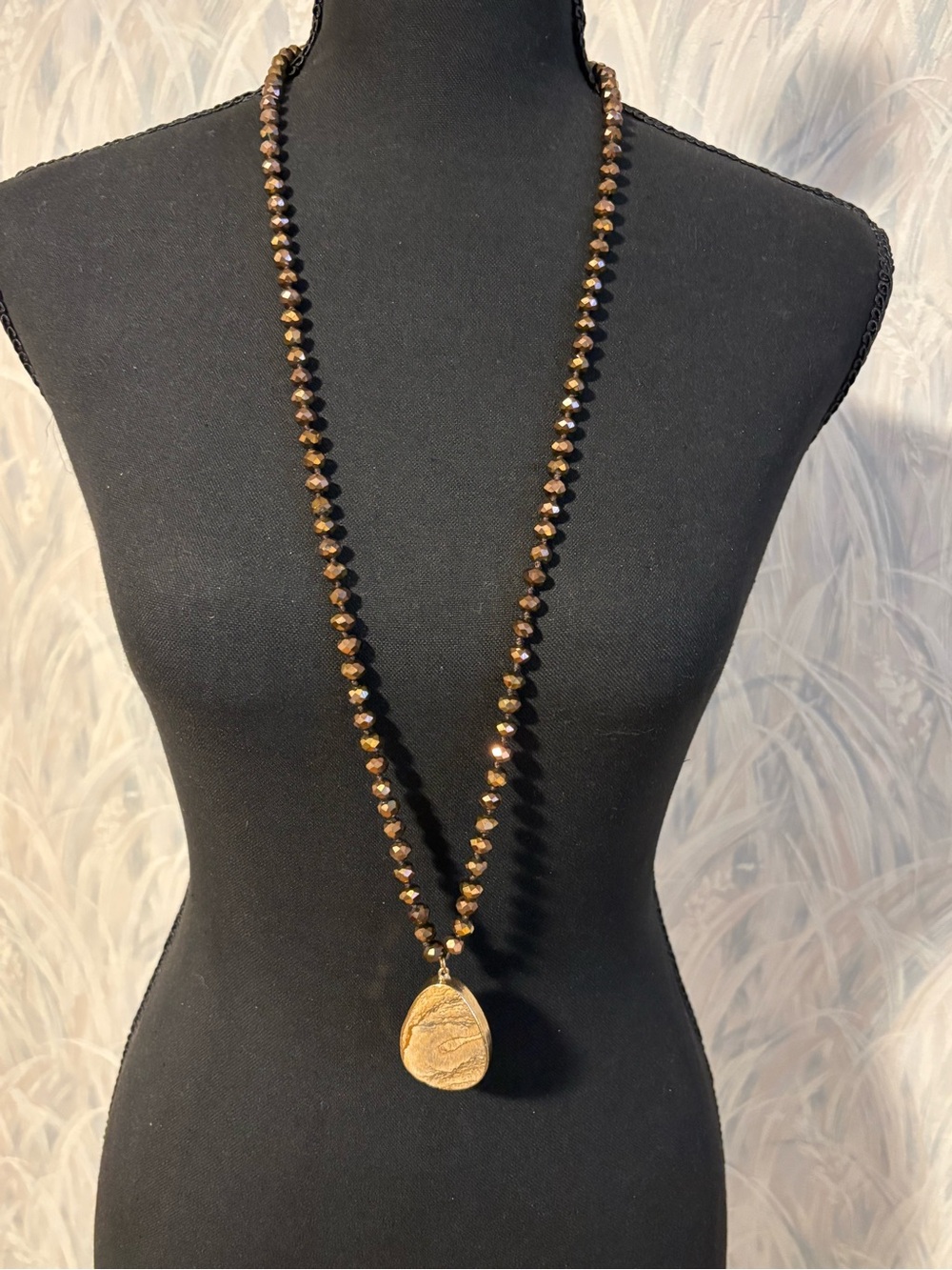 🌻Gold Tone Bronze Beaded Teardrop Jasper Pendant Necklace 34”+2.5”